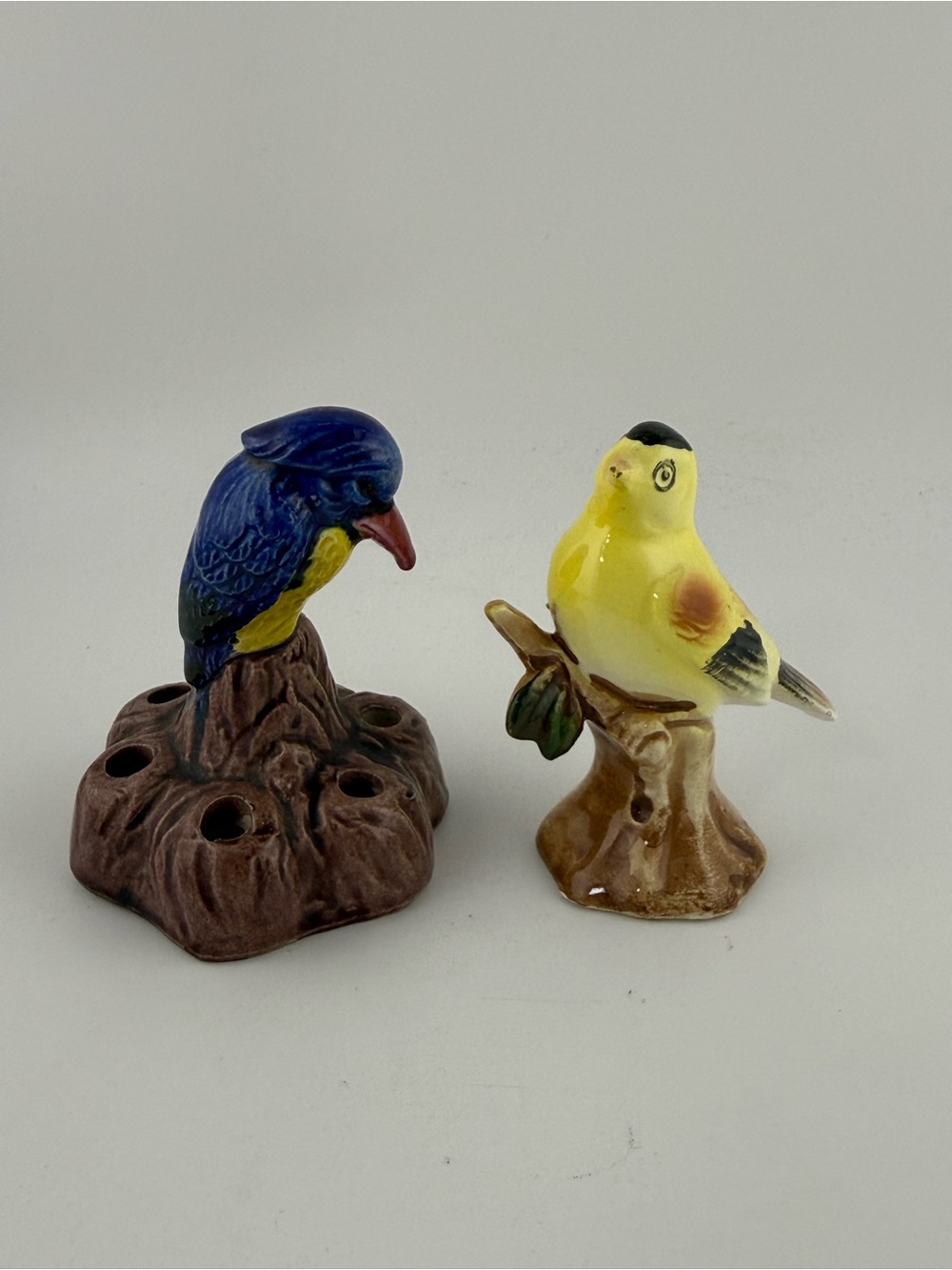 2 Vintage Brush Bluebird Flower Frog & Porcelain Goldfinch Figurine
